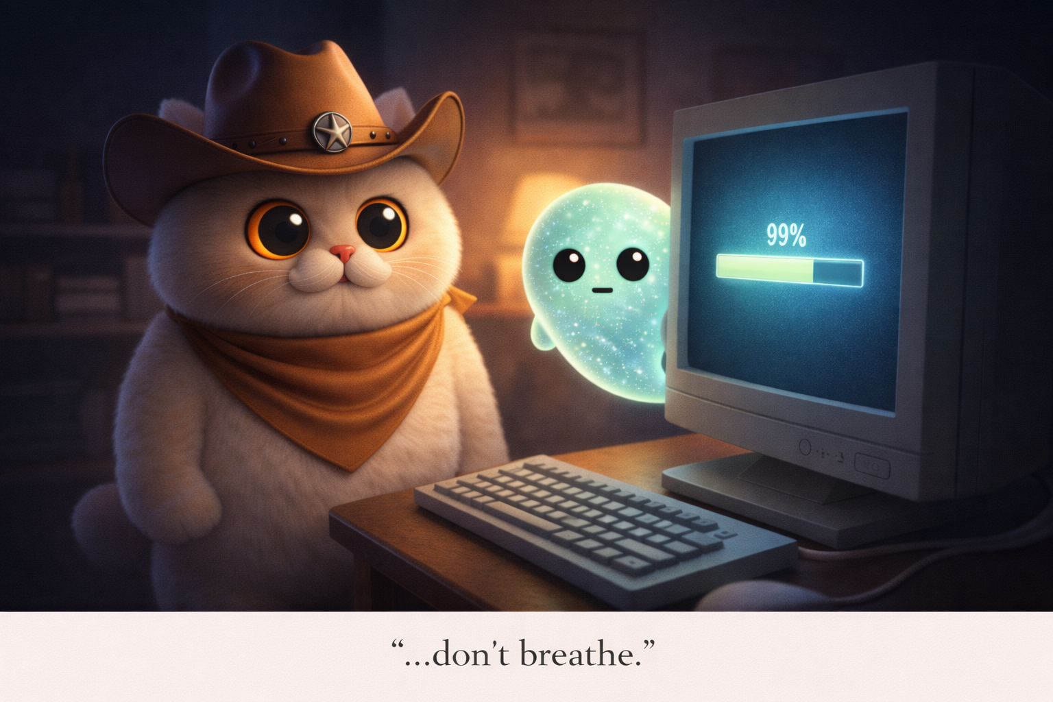 Cowboy cat frozen staring at a computer screen showing a CD burn progress bar at 99%, ghost hovering carefully