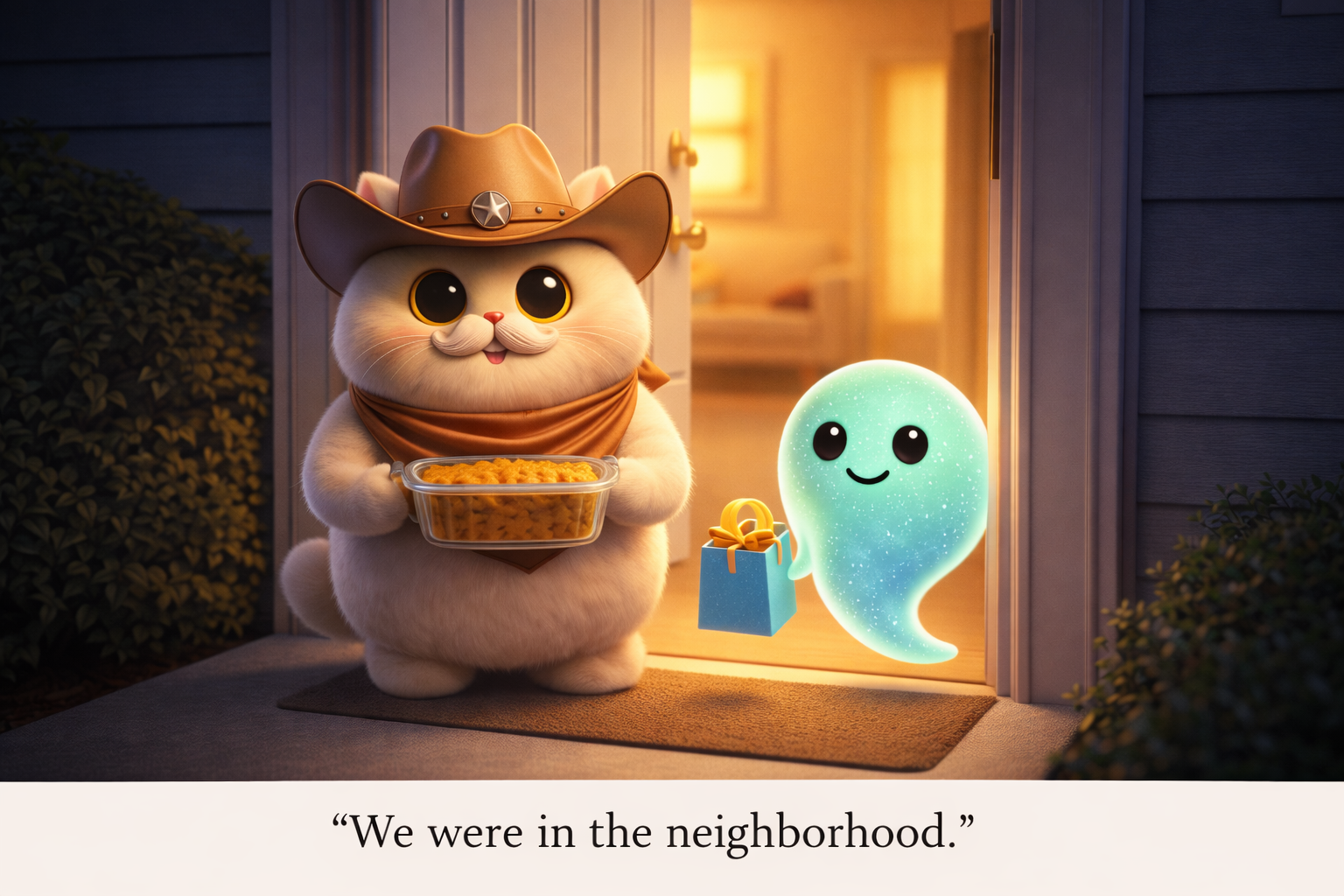 A fluffy cowboy cat and a tiny glowing ghost showing up at a front door with a casserole dish and a gift bag