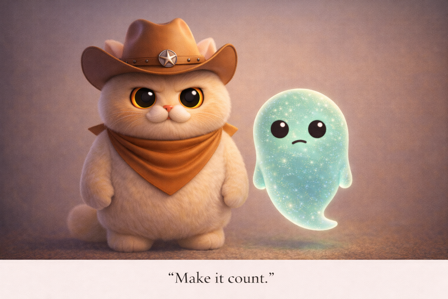 Cowboy cat and small ghost standing very still posing for a photo, both slightly stiff and serious