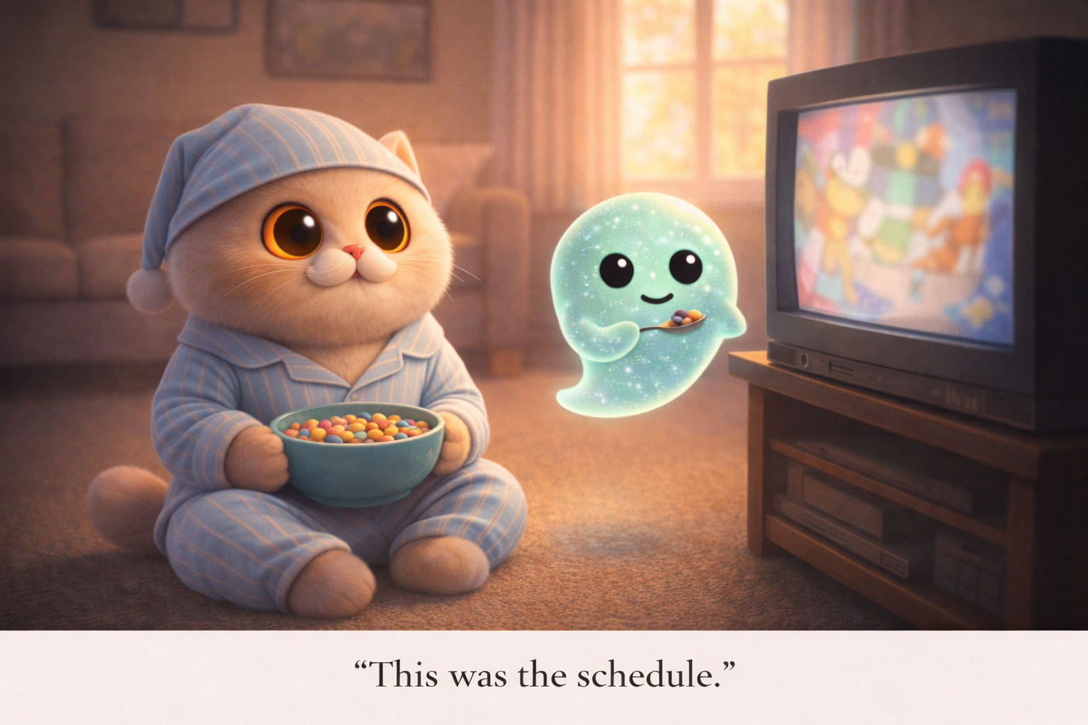 Cowboy cat in pajamas on the floor watching a chunky old TV with cereal, ghost floating nearby eating from a spoon